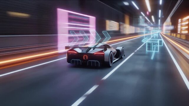 Hypercar Futuristik Neon Pink Tunnel: Speed Blur Cahaya Orange Biru Cyberpunk