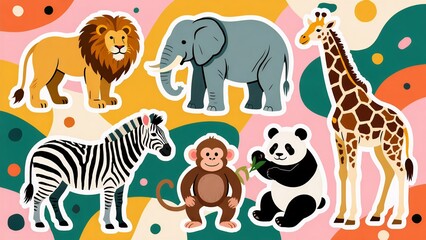 Obraz premium Cute safari animals on a vibrant, colorful background, perfect for children's educational materials or playful designs.
