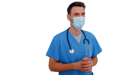 Healthcare professional wearing surgical mask and scrubs, offering medical protection and expert care, transparent background