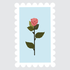 A postage stamp featuring a cute dusty pink rose on a stem. Vector illustration isolated on a gray background.