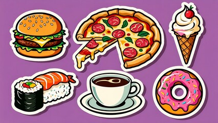 Delicious food icons on a vibrant purple background, perfect for menu design or culinary content, expressing temptation and variety.