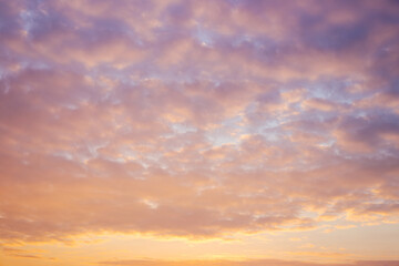Evening cloudy sky at sunset, illuminated with pink and orange light