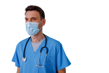 Healthcare professional wearing face mask and stethoscope, protecting from virus on transparent background