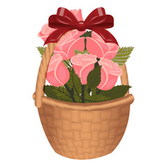 A bouquet of pink roses in a basket tied with a bow. Vector illustration isolated on a white background.
