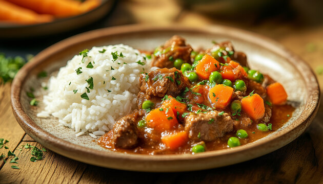 Kenyan ugali with sukuma wiki and meat stew served on plate. White cornmeal porridge with green vegetables and brown savory sauce