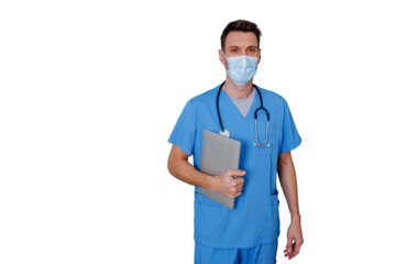 Doctor or nurse wearing medical mask, scrubs, stethoscope, and carrying a laptop computer, transparent background