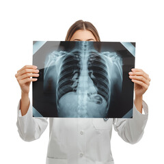 A female doctor holding up a chest x-ray for medical examination on