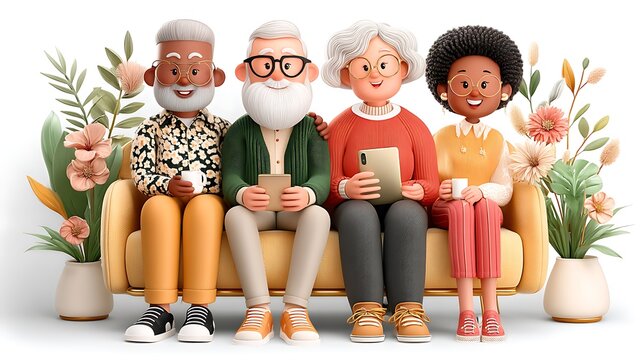 Happy grandparents group sharing digital moments high resolution images