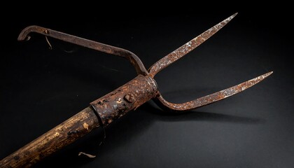 Obraz premium Close-up of a rustic, three-pronged farming tool with a long wooden handle, set against a dark background