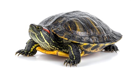 Obraz premium Close-up of a turtle with a dark, patterned shell, vibrant stripes, and red markings near the eye. The reptile sits on white