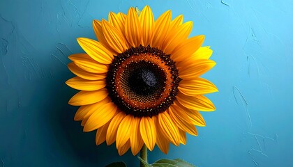 Close-up of a vibrant sunflower, its bright yellow petals radiating from a dark brown center, set against a teal background