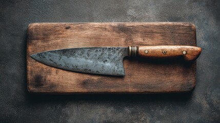 Knife rests on a wooden cutting board showing tools for preparation and cooking. Light reflects off the blade highlighting its tone. A simple setup for kitchen needs.