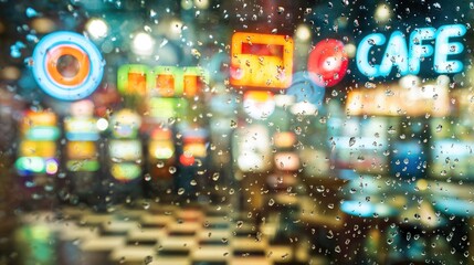 Neon Arcade Café Scene with Rainy Window and Colorful Lights