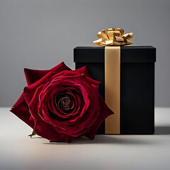 Valentine's day gift box and a single red rose on a light gray background