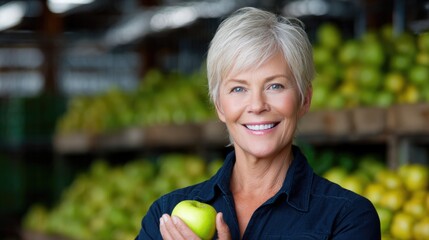 Fototapeta premium Smiling Senior Woman Holding Green Apple in Grocery Store with Healthy Lifestyle Concept