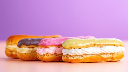 Row of Colorful Cream-Filled Eclairs on Pastel Background, Dessert Display