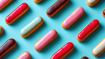 Colorful Glazed Eclairs Pattern on Bright Blue Background, Flat Lay Dessert Concept