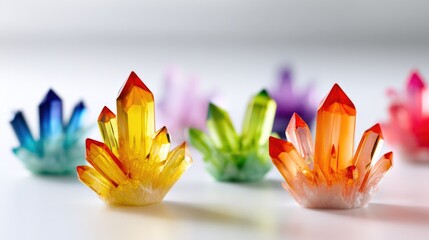 Colorful Crystal Clusters with Shallow Depth of Field on White Background