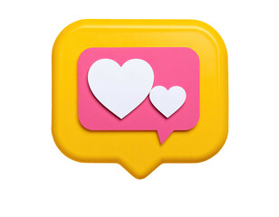 3D-rendered yellow speech bubble with a pink rectangle showing two white hearts