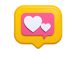 3D-rendered yellow speech bubble with a pink rectangle showing two white hearts