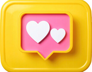 Graphic with two hearts inside a pink chat bubble, all within a yellow square frame