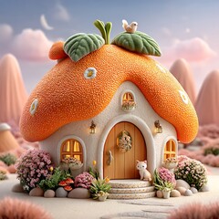Whimsical orange mushroom cottage in fantasy garden high resolution image