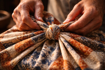 Person tying a colorful fabric knot with both hands closeup