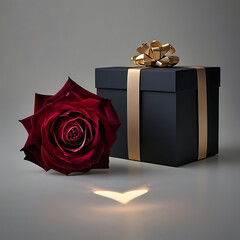 Valentine's day gift box and a single red rose with a heart shape light reflection