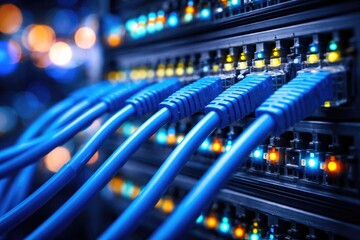 High-Speed Network Server with Blue Ethernet Cables in Data Center