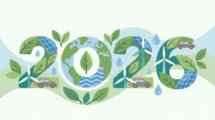 Eco Friendly Sustainability 2026 Flat Illustration with Organic Numbers Green Energy Solar and Wind Power Elements
