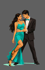 Elegant Dancing Couple in Formal Wear with Woman in Turquoise Evening Dress and Man in Black Suit on Dark Background