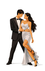 Stylish Dancing Couple in Black Suit and Flowing White Dress Performing Elegant Ballroom Pose on White Background