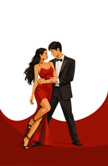 Passionate Dancing Couple with Woman in Red Evening Dress and Man in Black Suit on Abstract White and Red Background