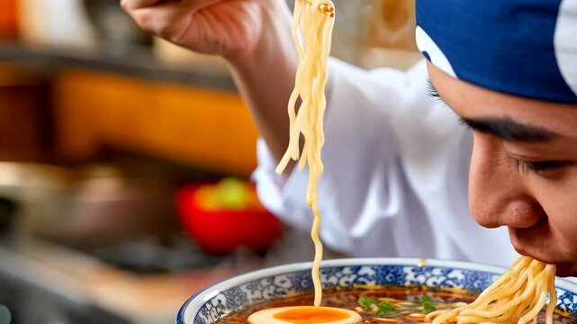 Man eats shoyu ramen with a soft-boiled egg and savory soy-based broth. He lifts noodles with chopsticks and slurps directly from a decorative bowl. The scene conveys casual dining and authentic Japan
