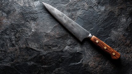 A knife rests on a dark stone surface showcasing its sharp blade and wooden handle. The design highlights the craft and materials used in its making for kitchen tasks.