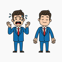 Obraz premium Two cartoon businessmen show contrasting emotions in a simple office setting with blue suits.