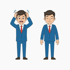 Two businessmen in blue suits displaying stress and relief