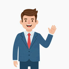 A smiling cartoon man in a blue business suit waves hello.