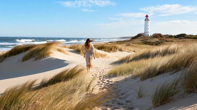 Woman walks along sunlit sandy dunes toward a distant lighthouse on a windy coast. Tall beach grass frames the path and ocean waves roll in under a blue sky. Scene conveys solitude, travel and coastal
