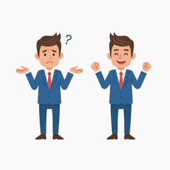 Obraz premium Two cartoon businessmen expressing confusion and happiness in office setting with question mark