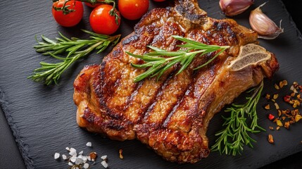A grilled steak sits on a black slate plate alongside fresh cherry tomatoes garlic cloves and sprigs of rosemary. The scene shows a simple kitchen setup in natural light.