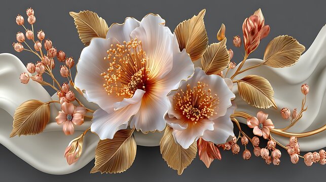 Luxury white flower illustration with golden accents high resolution image