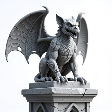 Carved gargoyle perches atop a stone pedestal, intricate designs on its body and outstretched wings, against a clear background.