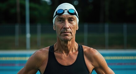 Portrait of determined senior male swimmer looking at camera. Focused mature athlete in swim cap and goggles ready for training at pool