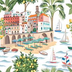 Amalfi coast, Italian town, lemon tree, beach, lounge chair, umbrella, sailboat, palms, sea wave, island seamless pattern. Summer Mediterranean wallpaper.