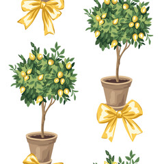 Lemon fruit tree, yellow bow seamless pattern. Summer print.	