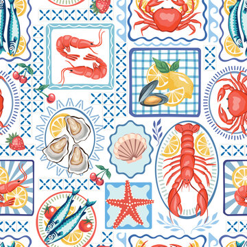 Seafood lobster, shrimp, shell, mussel, oyster, frame, lemon, cherry fruit, tile seamless pattern. Summer print.