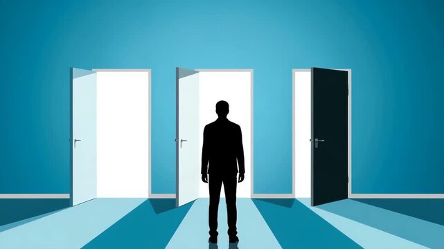 Man standing in front of three open doors in blue room 4k video
