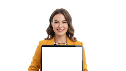Fototapeta premium Smiling young woman in a yellow blazer presents a laptop with a blank screen for content