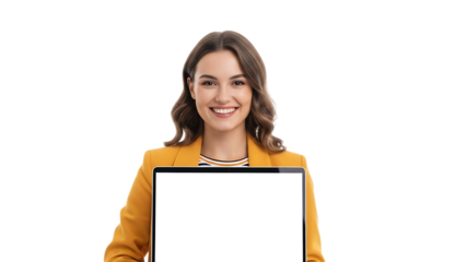Smiling young woman in a yellow blazer presents a laptop with a blank screen for content